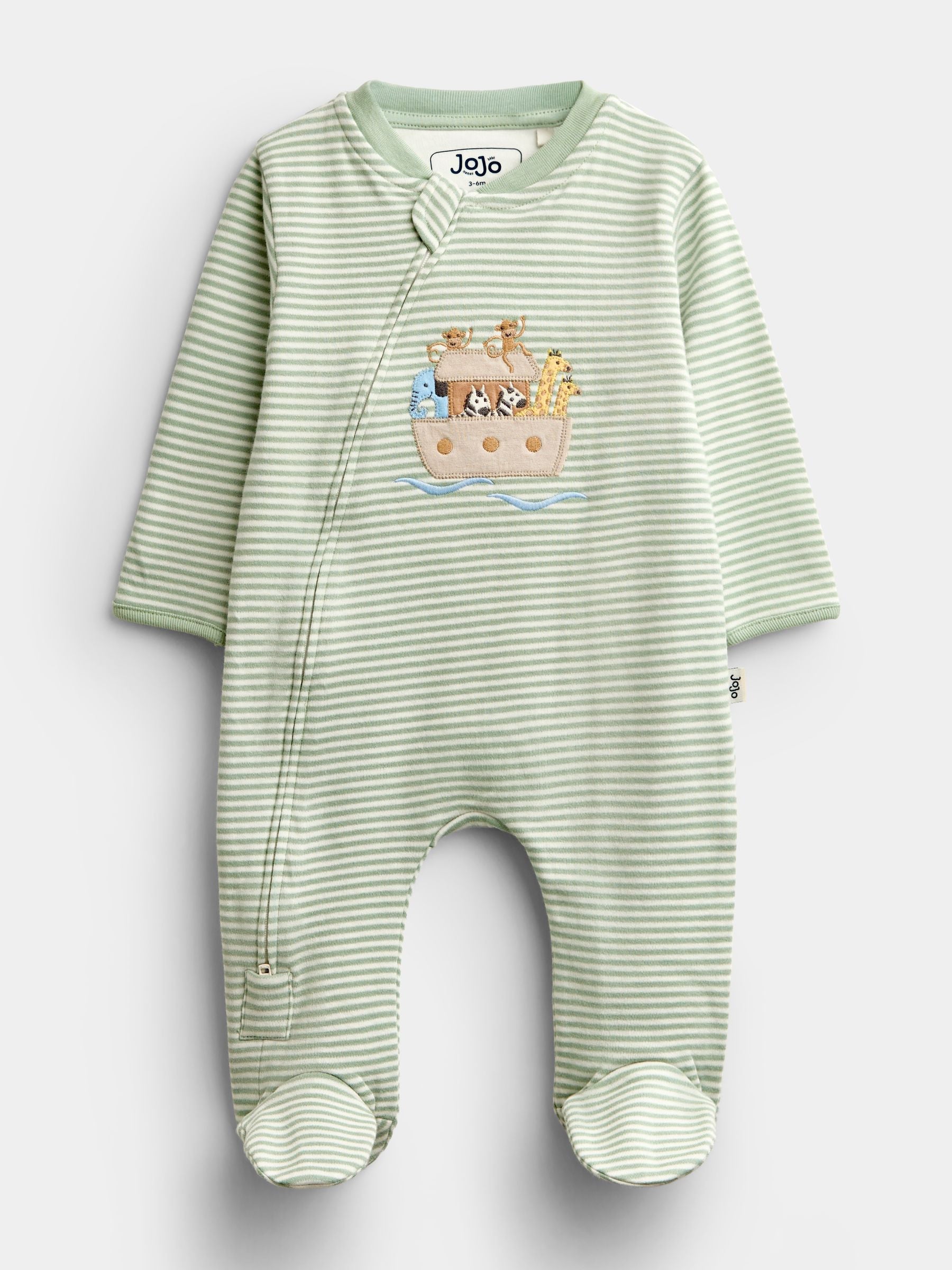 Dsiney Kidz - JoJo Maman Bébé Green Noah’s Ark Appliqué Zip Sleepsuit image 1