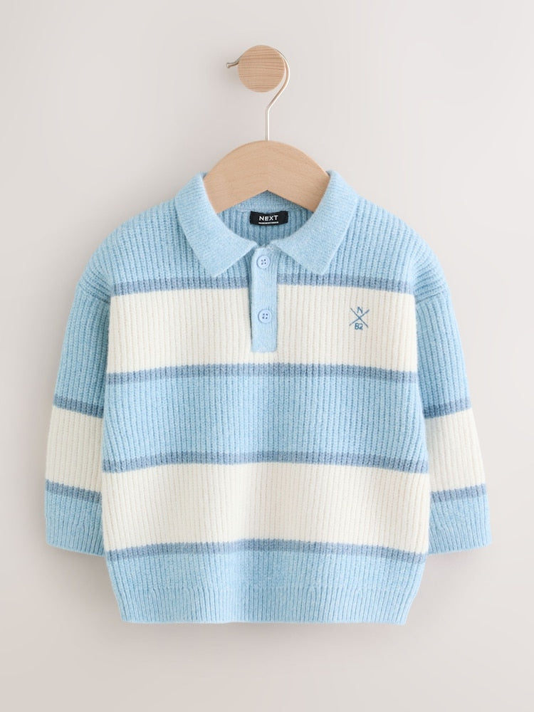 Light Blue Knitted Stripe Rugby Polo Shirt Immediate