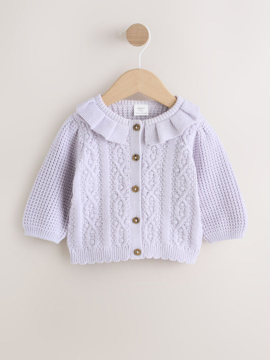 Lilac Purple Frill Collar Knitted Baby Cardigan (0mths-2yrs)
