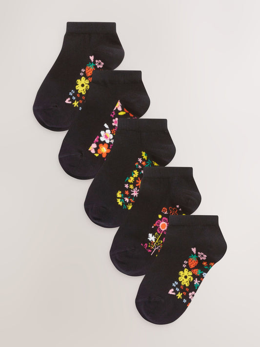 Black Floral 5 Pack Cotton Rich Footbed Trainer Socks image 1