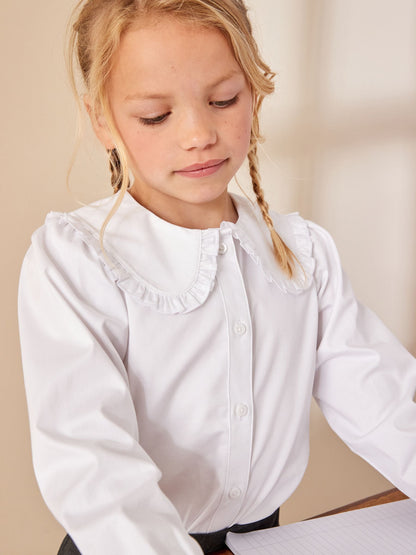 Dsiney Kidz - White Girls Premium Cotton Stretch Frill Collar  Long Sleeve School Blouse (3-14yrs) image 1