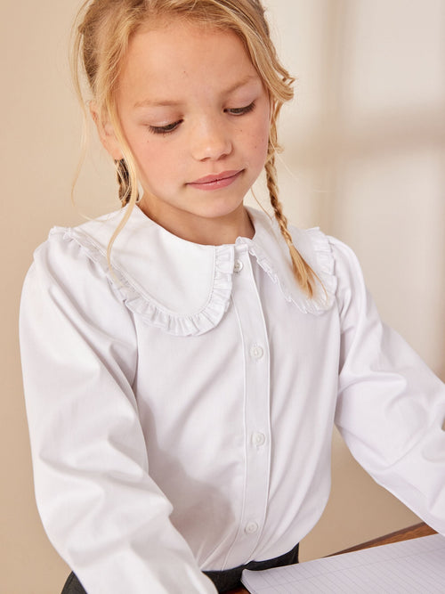 Dsiney Kidz - White Girls Premium Cotton Stretch Frill Collar  Long Sleeve School Blouse (3-14yrs) image 1