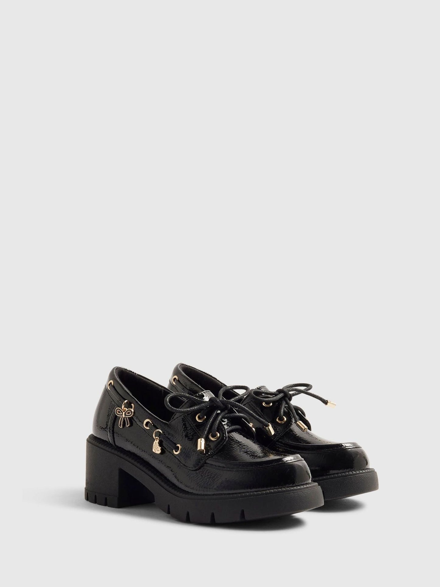River Island Black Back To School Heeled Boat Shoes image 1