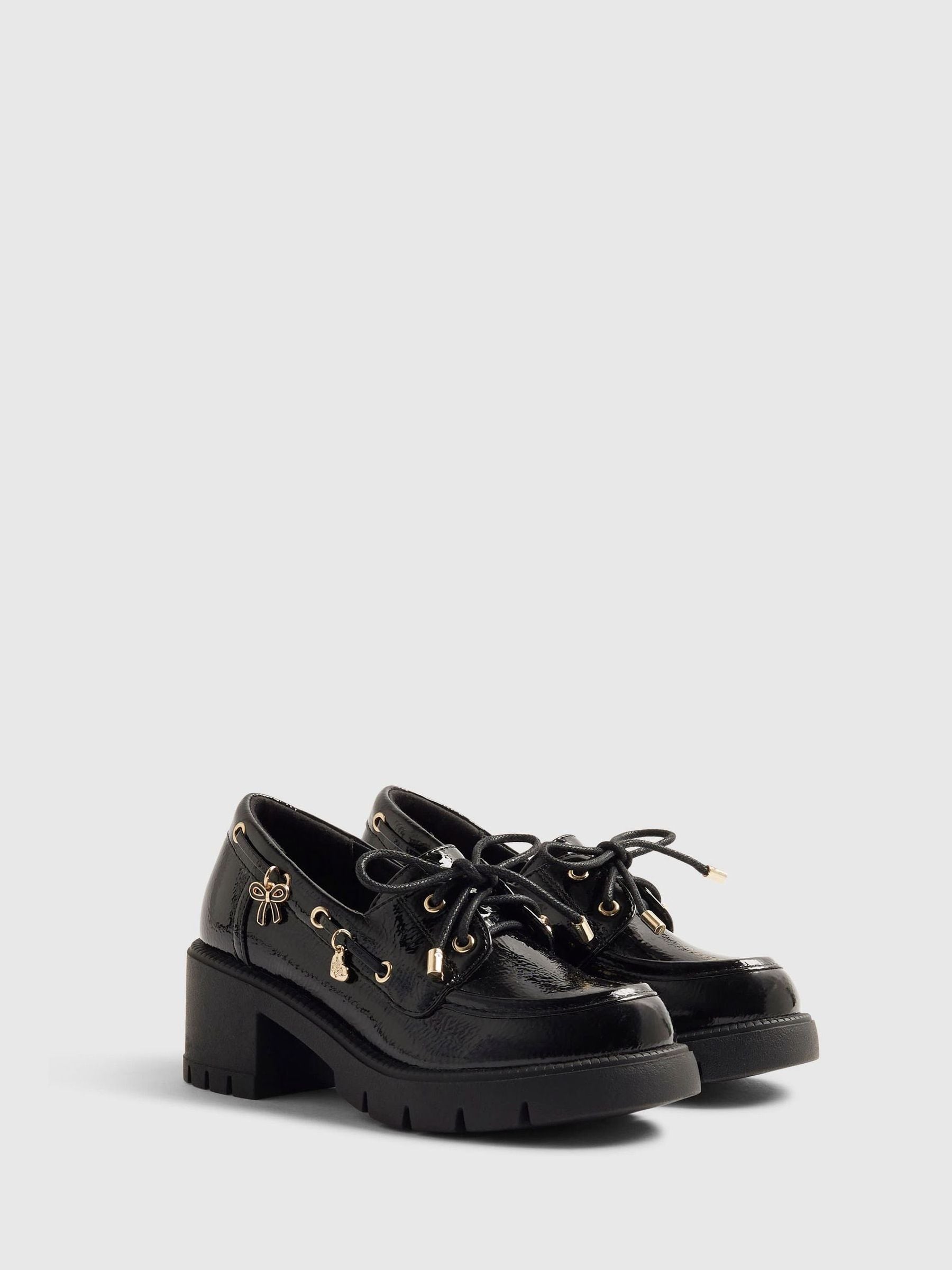 River Island Black Back To School Heeled Boat Shoes image 1