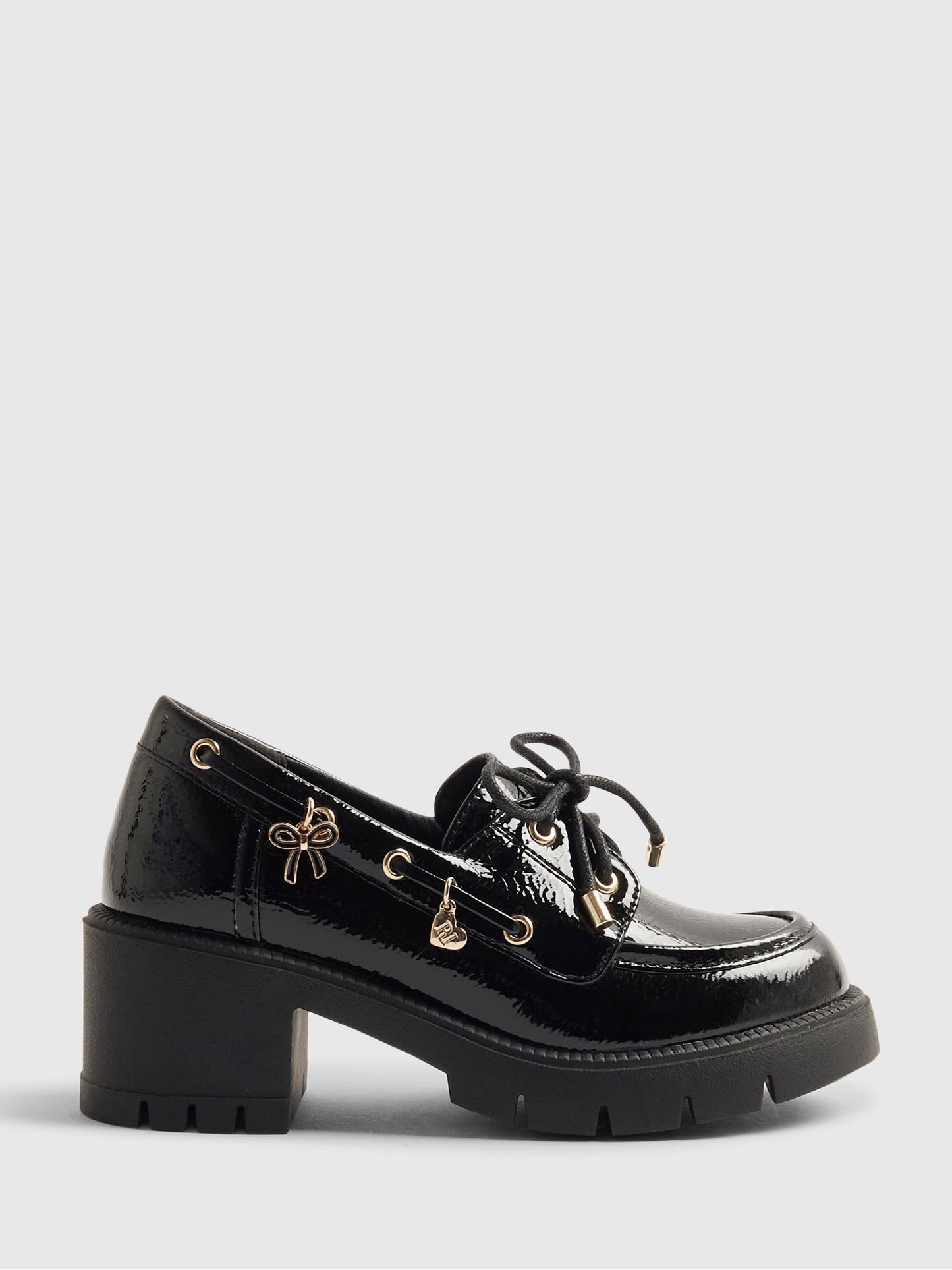 River Island Black Back To School Heeled Boat Shoes image 2