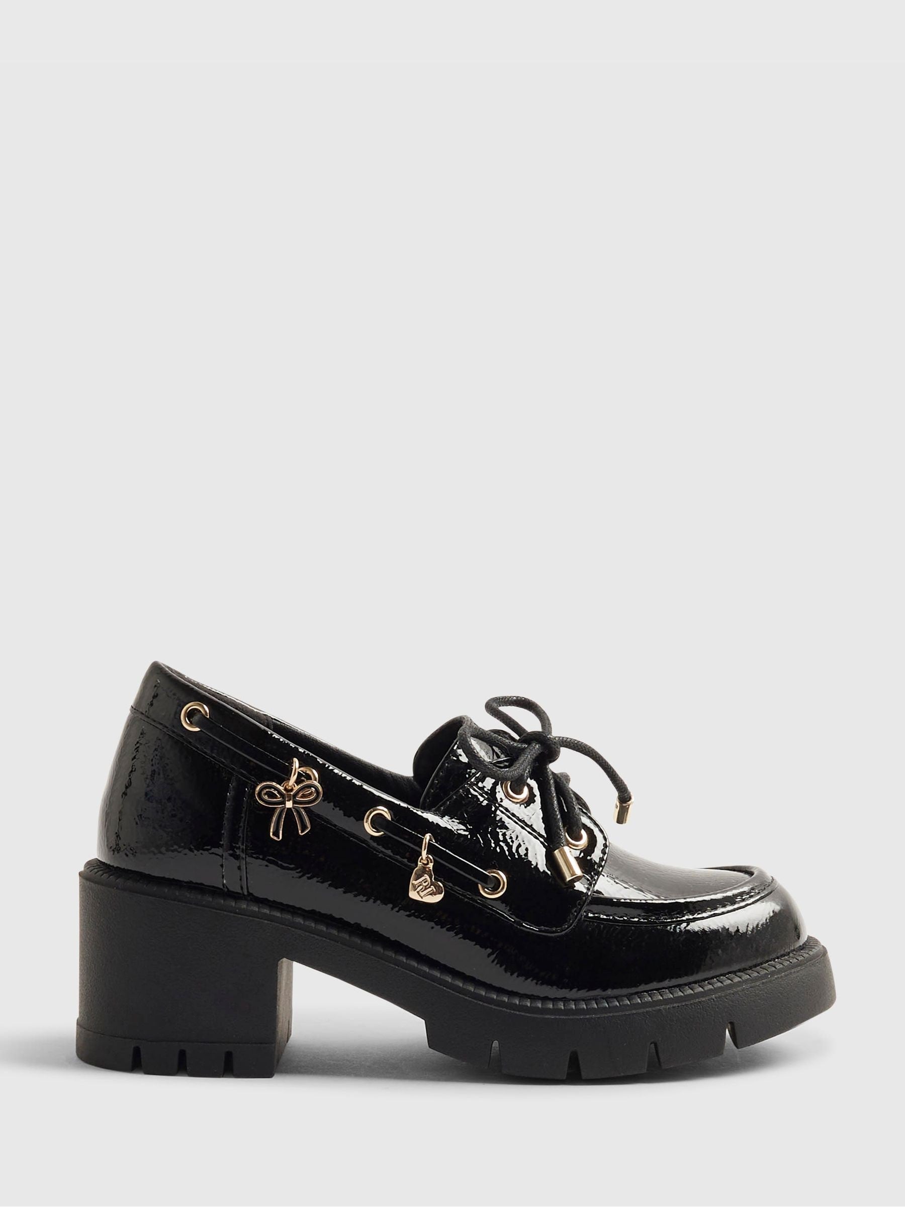 River Island Black Back To School Heeled Boat Shoes image 2