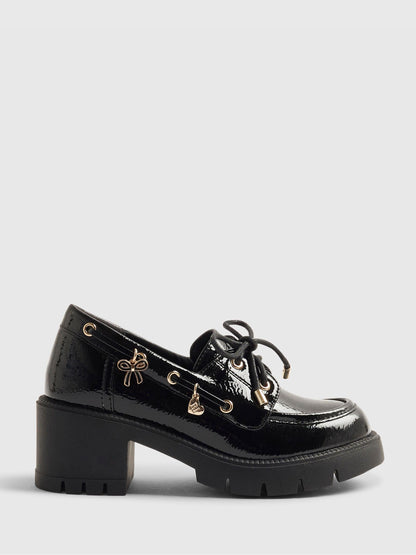 River Island Black Back To School Heeled Boat Shoes image 2