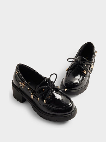 River Island Black Back To School Heeled Boat Shoes image 3