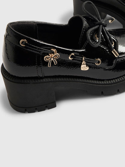 River Island Black Back To School Heeled Boat Shoes image 5