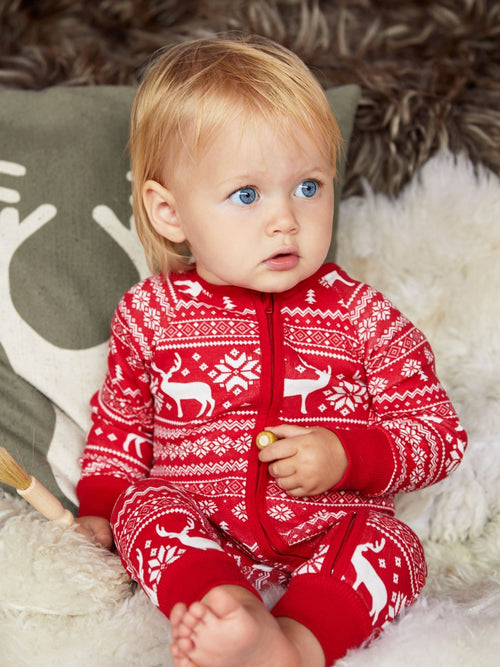 The Little Tailor Red Baby 100% Cotton Reindeer Christmas Fairisle Pattern All-In-One image 1