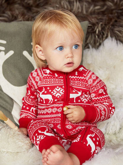 The Little Tailor Red Baby 100% Cotton Reindeer Christmas Fairisle Pattern All-In-One image 1