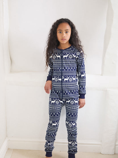The Little Tailor Blue Reindeer Christmas Fairisle Pattern 100% Cotton All-In-One - image 2