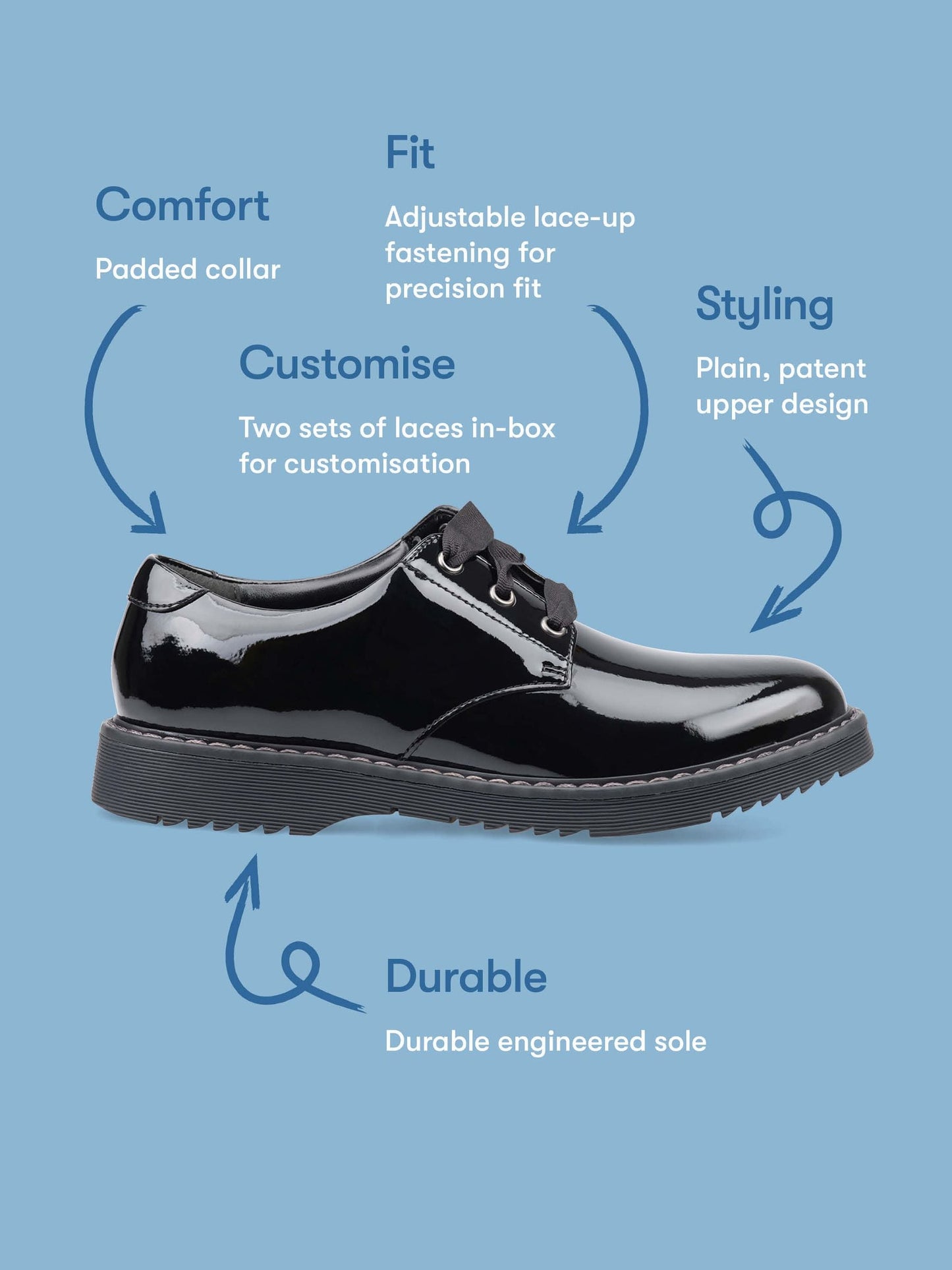 Start Rite Black Shiny Patent Standard Fit Closed Lace Up Stitch Down Chunky Soled School Shoes image 6