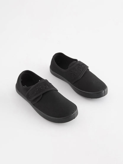 Black Wide Fit (G) Embroidered Strap School Plimsolls image 1