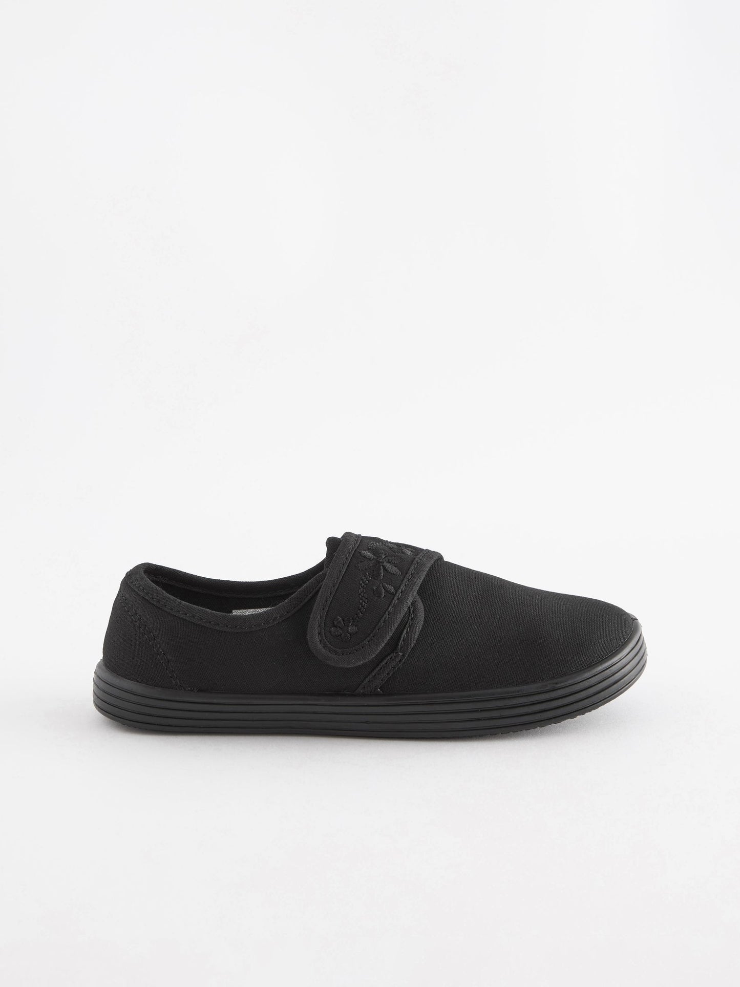 Black Wide Fit (G) Embroidered Strap School Plimsolls image 2