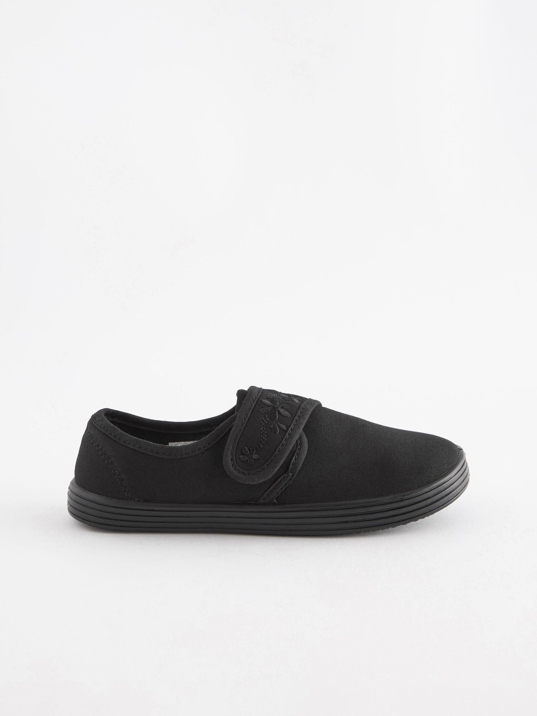 Black Wide Fit (G) Embroidered Strap School Plimsolls image 2