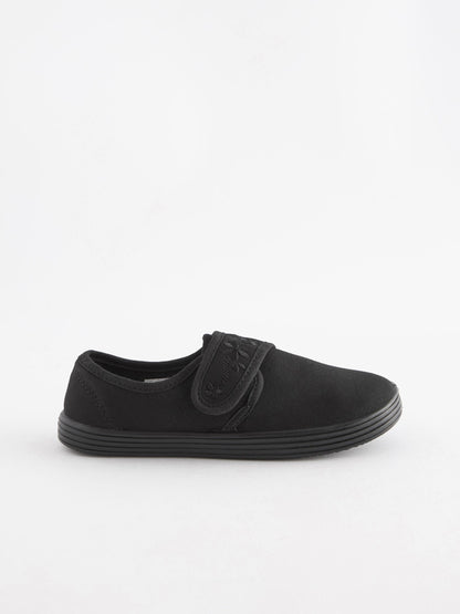 Black Wide Fit (G) Embroidered Strap School Plimsolls image 2