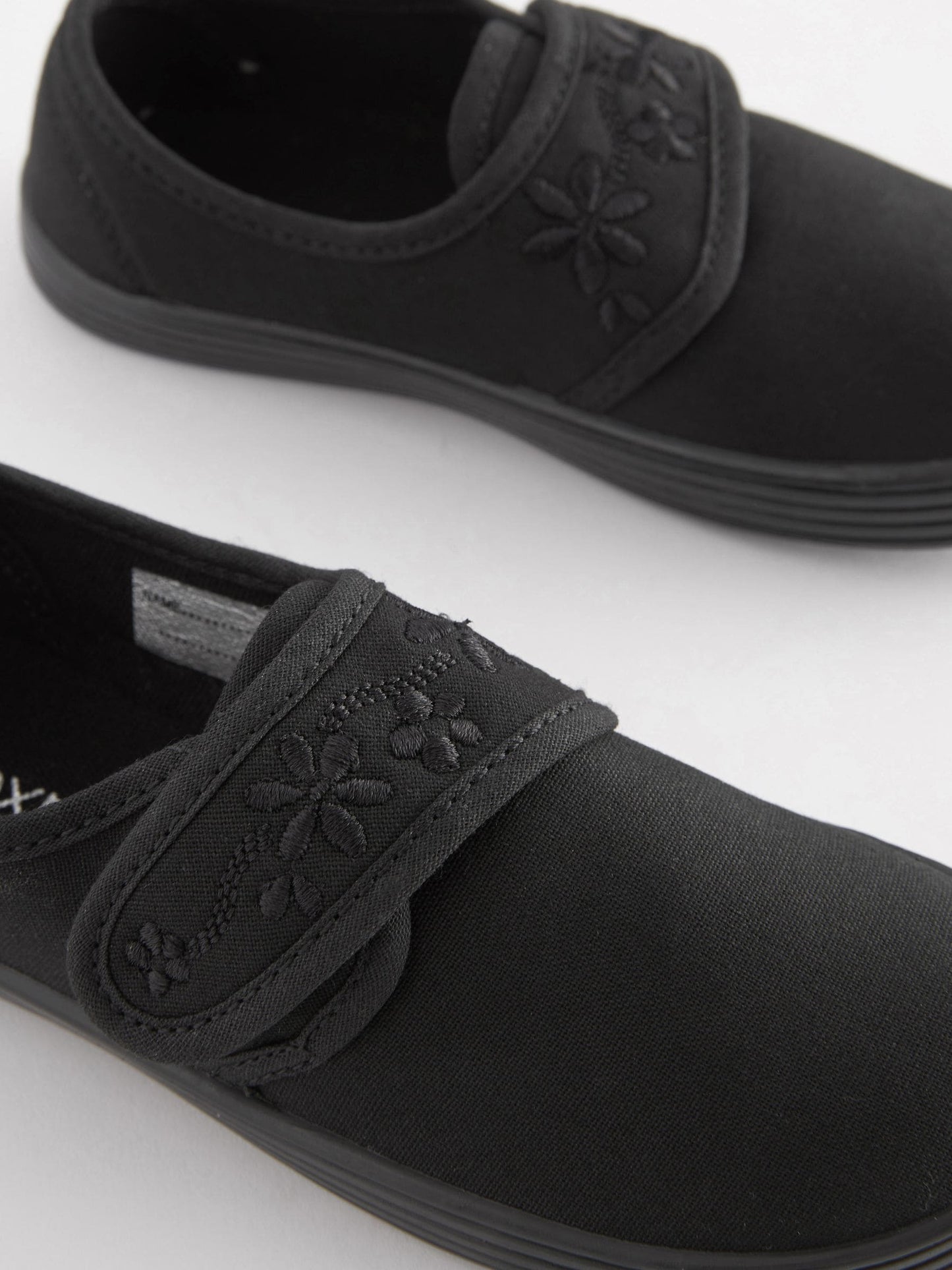 Black Wide Fit (G) Embroidered Strap School Plimsolls image 3