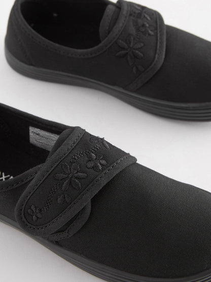 Black Wide Fit (G) Embroidered Strap School Plimsolls image 3