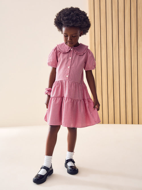 Dsiney Kidz - Red Cotton Rich School Gingham Tiered Pretty Collar Dress (3-14yrs) image 1