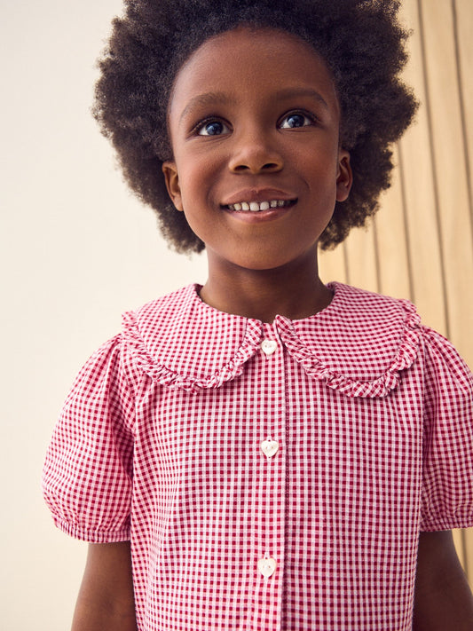 Red Cotton Rich School Gingham Tiered Pretty Collar Dress (3-14yrs) image 2