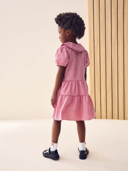 Red Cotton Rich School Gingham Tiered Pretty Collar Dress (3-14yrs) image 3