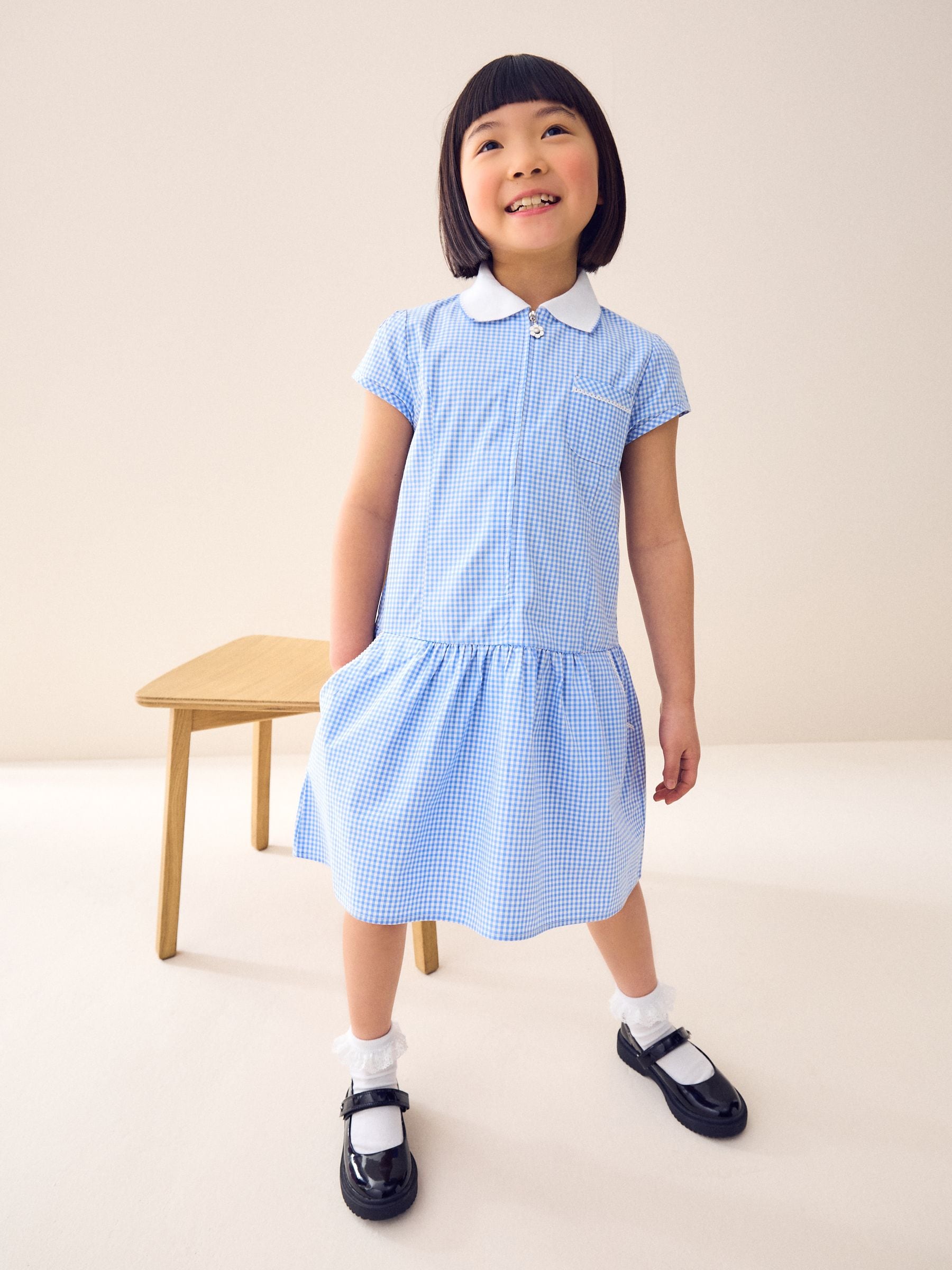 Blue Zip Front Cotton Rich Gingham School Dress (3-14yrs) image 1