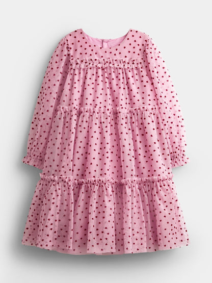 Dsiney Kidz - JoJo Maman Bébé Dusky Pink Heart Flocked Tiered Dress image 1