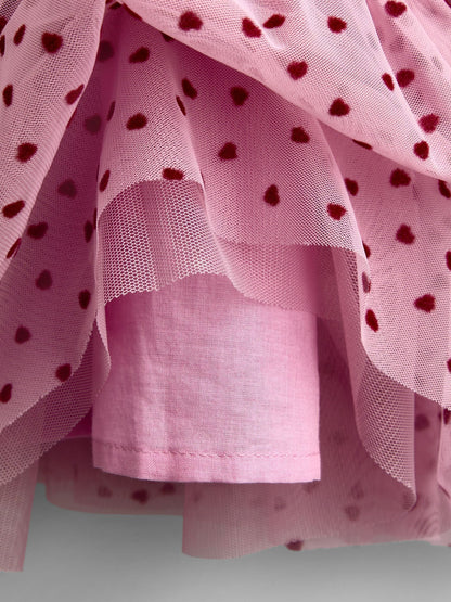 Dsiney Kidz - JoJo Maman Bébé Dusky Pink Heart Flocked Tiered Dress image 3