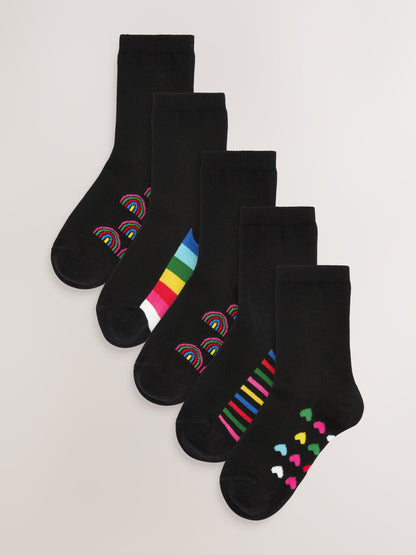 Black Rainbow 5 Pack Cotton Rich Footbed Ankle School Socks image 1