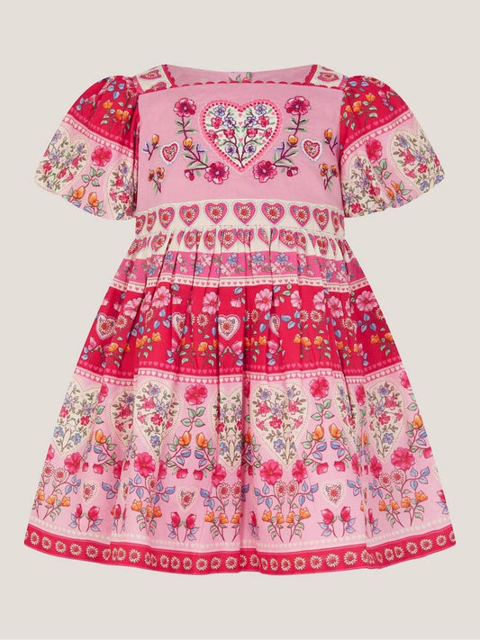 Monsoon Pink Baby Heart Embroidered Floral Print Dress