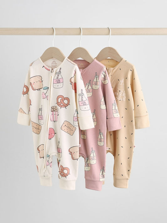 Multi Food Character Two Way Zip Baby Sleepsuits 3 Pack (0mths-3yrs)