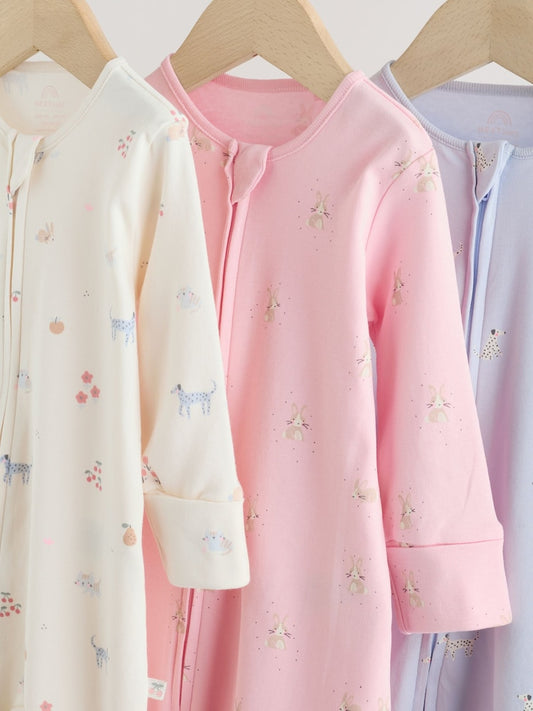 Multi Pastel Character 3 Pack Two Way Zip Baby Sleepsuit (0mths-3yrs)