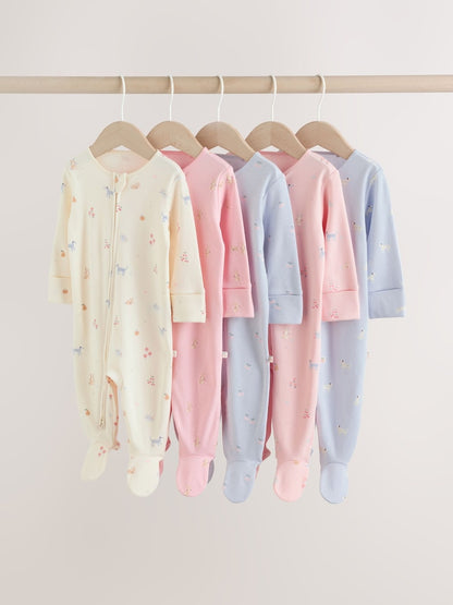 Multi Pastel Character 5 Pack Two Way Zip Baby Sleepsuits (0-2yrs)
