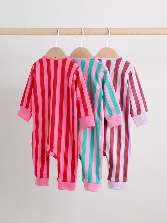 Multi Stripe Two Way Zip Baby Sleepsuits 3 Pack (0mths-3yrs)