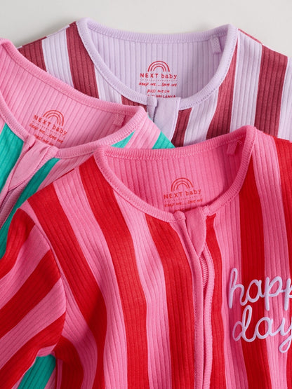 Multi Stripe Two Way Zip Baby Sleepsuits 3 Pack (0mths-3yrs)