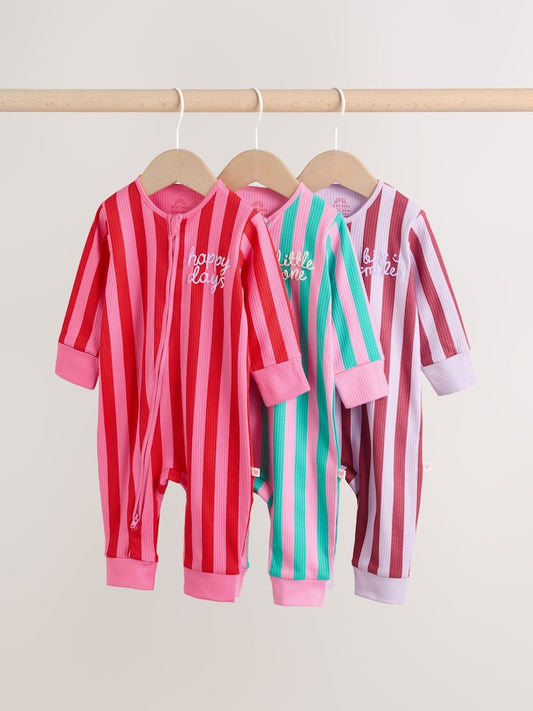 Multi Stripe Two Way Zip Baby Sleepsuits 3 Pack (0mths-3yrs)