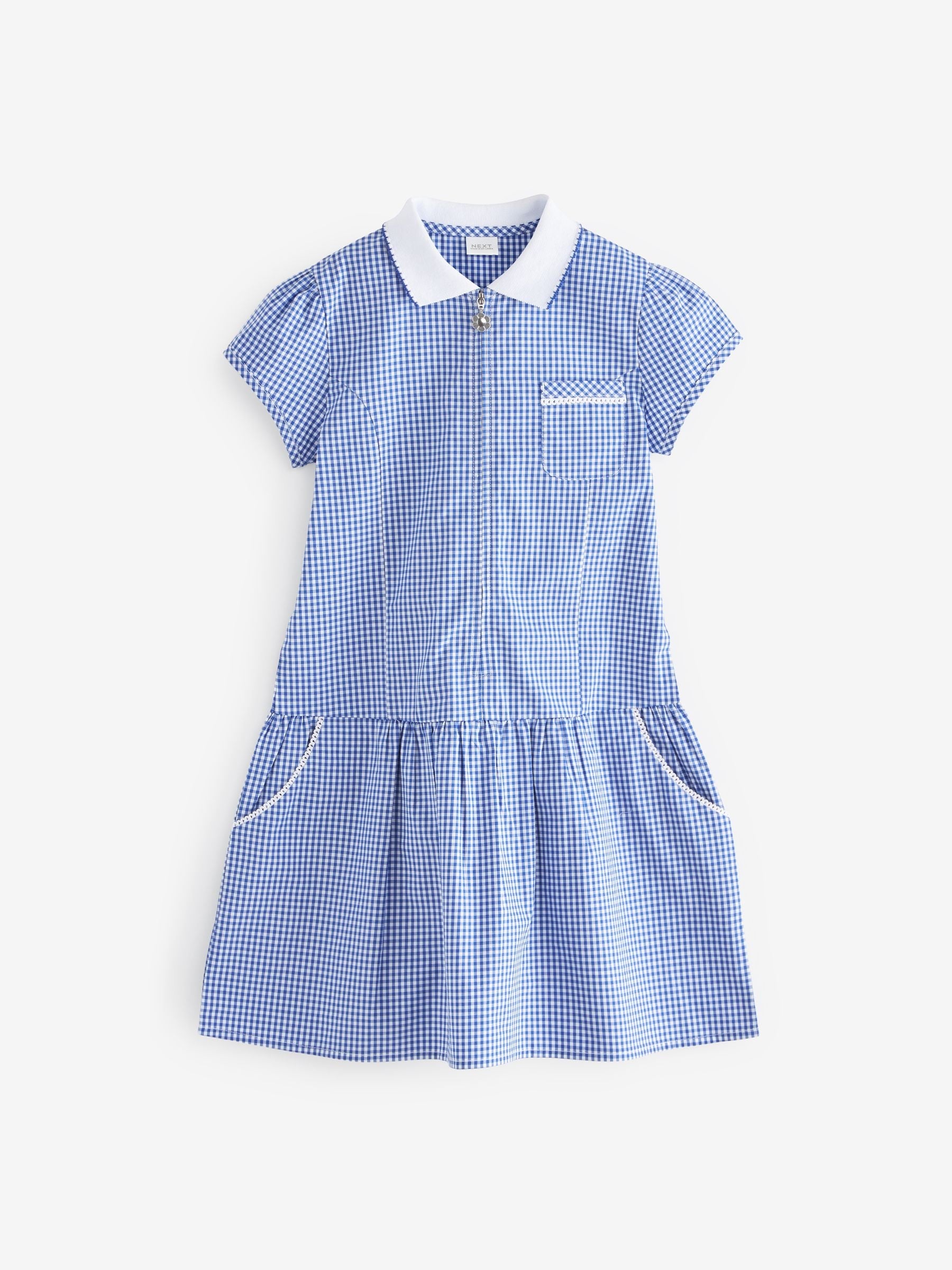 Mid Blue Zip Front Cotton Rich Gingham School Dress (3-14yrs) image 8