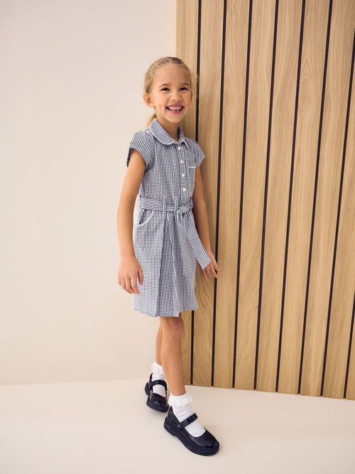 Dsiney Kidz - Navy Blue Gingham Cotton Rich Belted School Dress with Scrunchie (3-14yrs) image 1