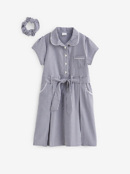 Navy Blue Gingham Cotton Rich Belted School Dress with Scrunchie (3-14yrs) image 6