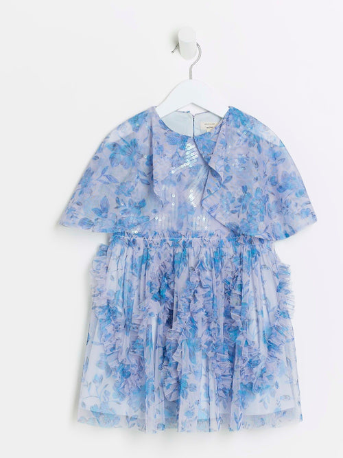 Dsiney Kidz - River Island Blue 100% Cotton Girls Floral Tierred Dress image 1