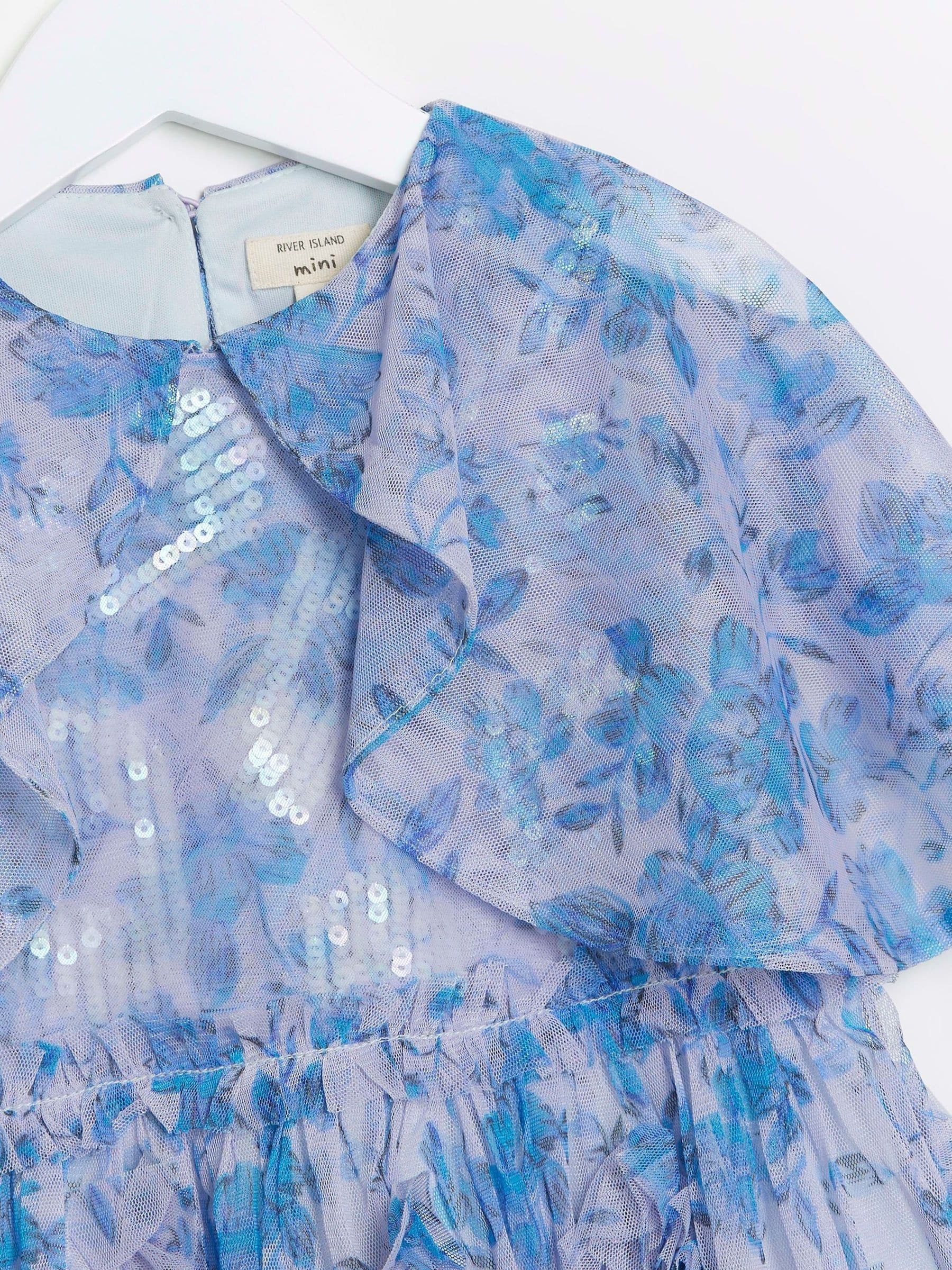 River Island Blue 100% Cotton Girls Floral Tierred Dress image 2