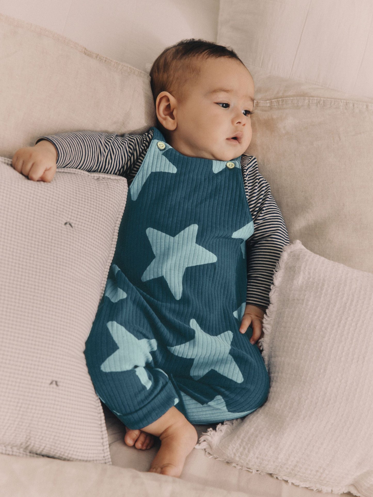 Navy Blue Star Jersey Baby Dungarees And Bodysuit Set immidiate