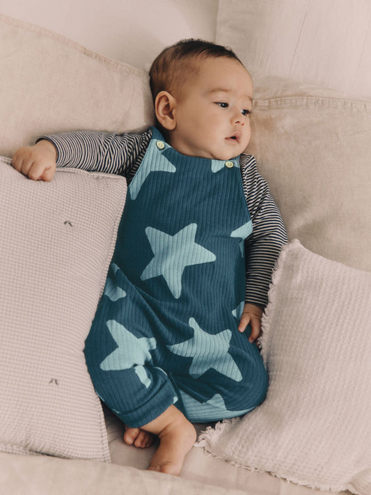 Navy Blue Star Jersey Baby Dungarees And Bodysuit Set immidiate