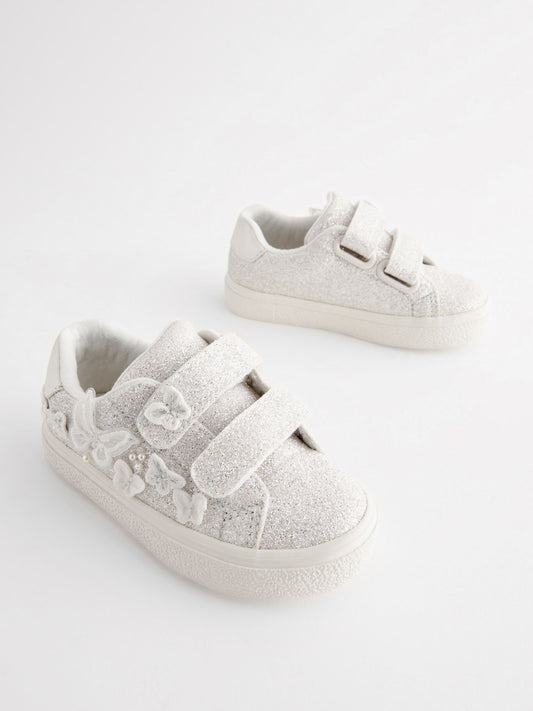 White Glitter Standard Fit (F) Butterfly Touch Fasten Strap Trainers image 1