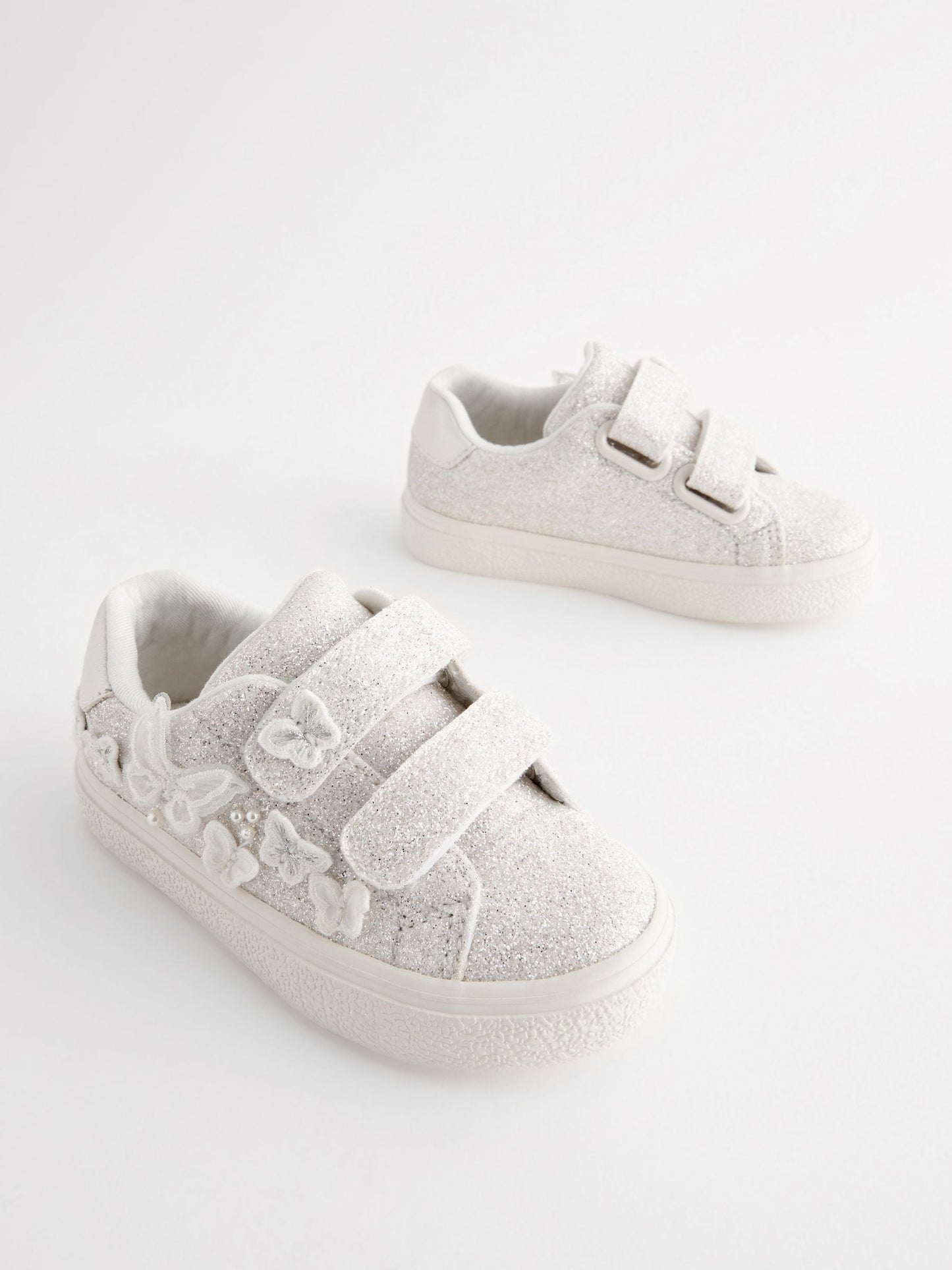 White Glitter Standard Fit (F) Butterfly Touch Fasten Strap Trainers image 2