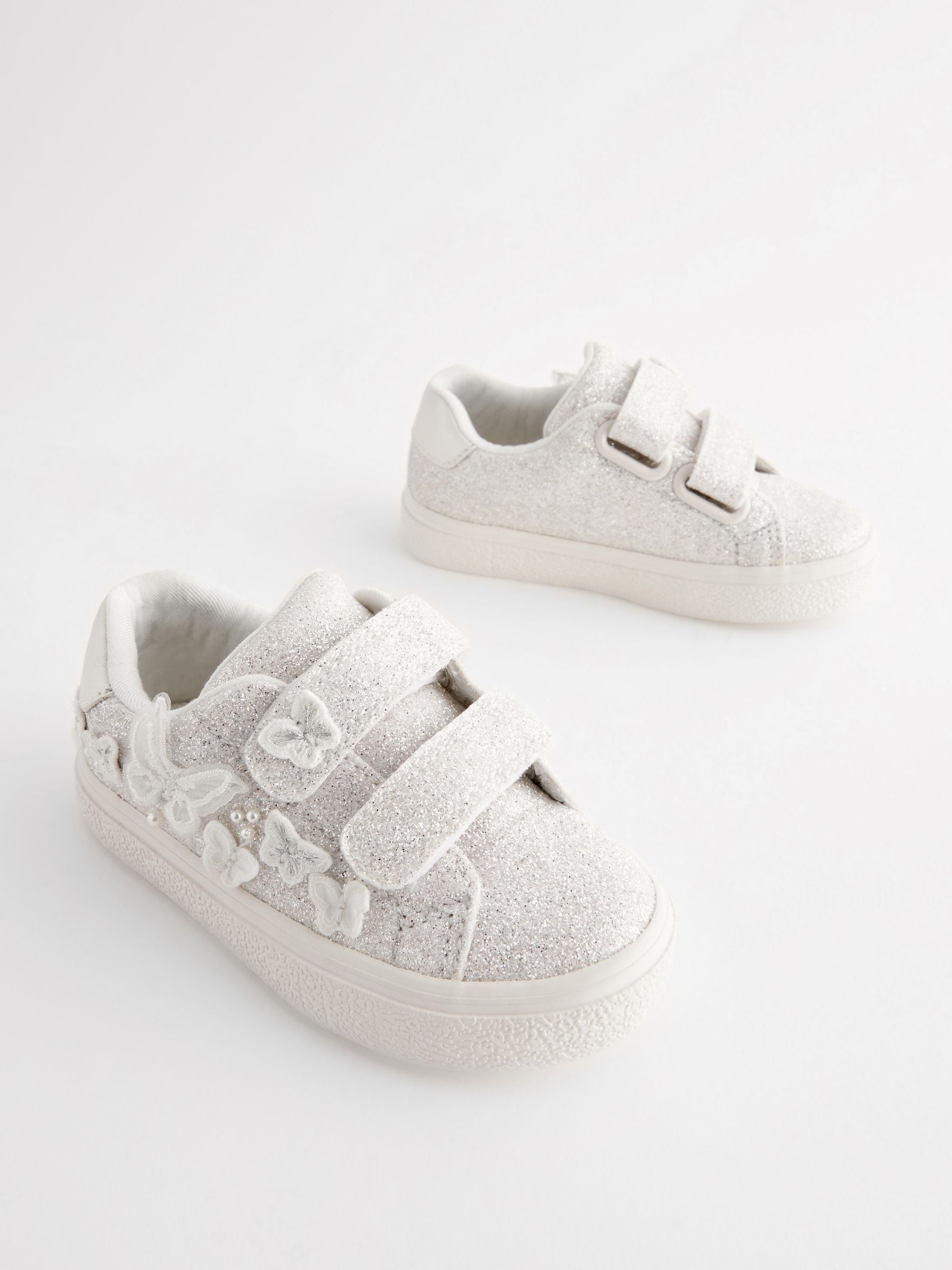 White Glitter Standard Fit (F) Butterfly Touch Fasten Strap Trainers image 2