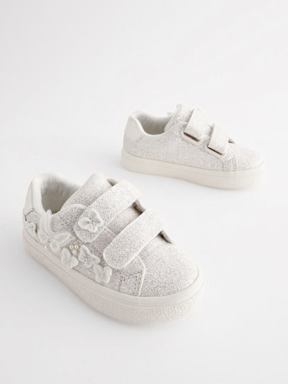 White Glitter Standard Fit (F) Butterfly Touch Fasten Strap Trainers image 2