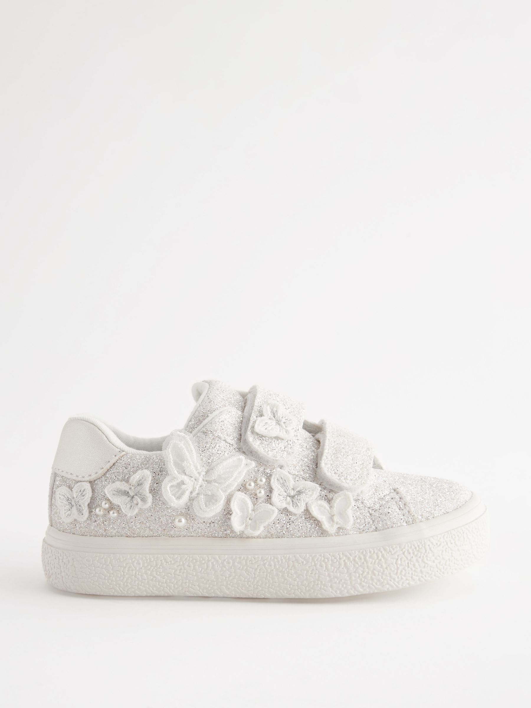 White Glitter Standard Fit (F) Butterfly Touch Fasten Strap Trainers image 3