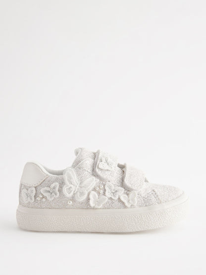 White Glitter Standard Fit (F) Butterfly Touch Fasten Strap Trainers image 3